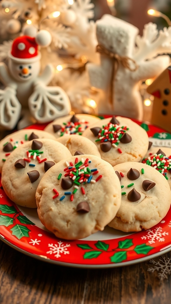 A plate of decorated Christmas cookies inspired by Polar Express, surrounded by holiday lights.